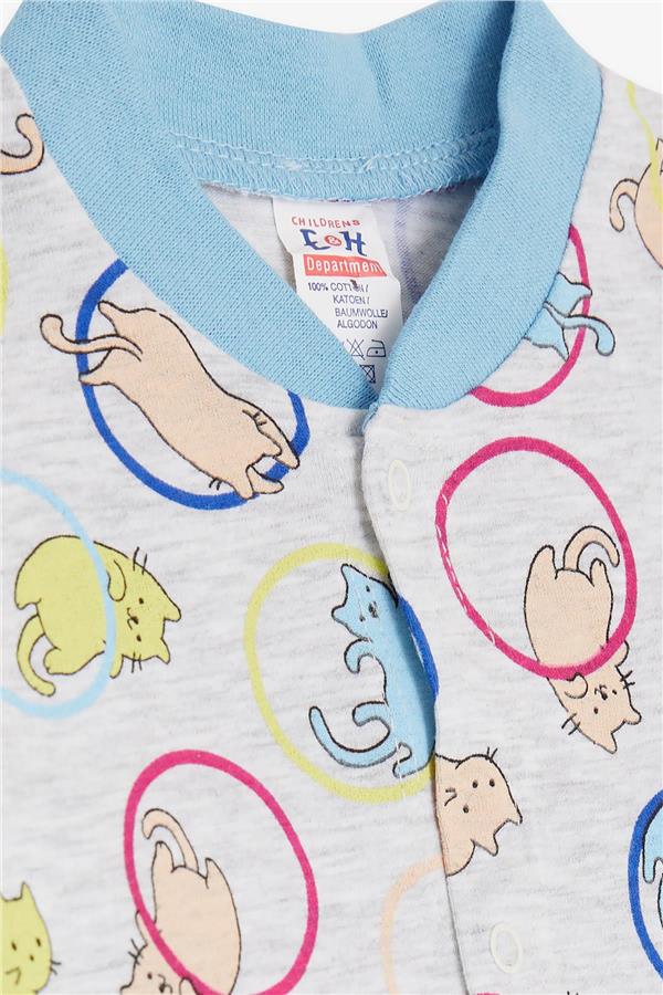 Baby Boy Romper with Cute, Lively Kitten Pattern, Light Grey Melange (0-6 Months)