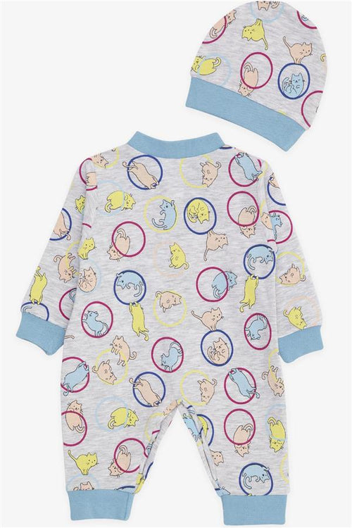 Baby Boy Romper with Cute, Lively Kitten Pattern, Light Grey Melange (0-6 Months)