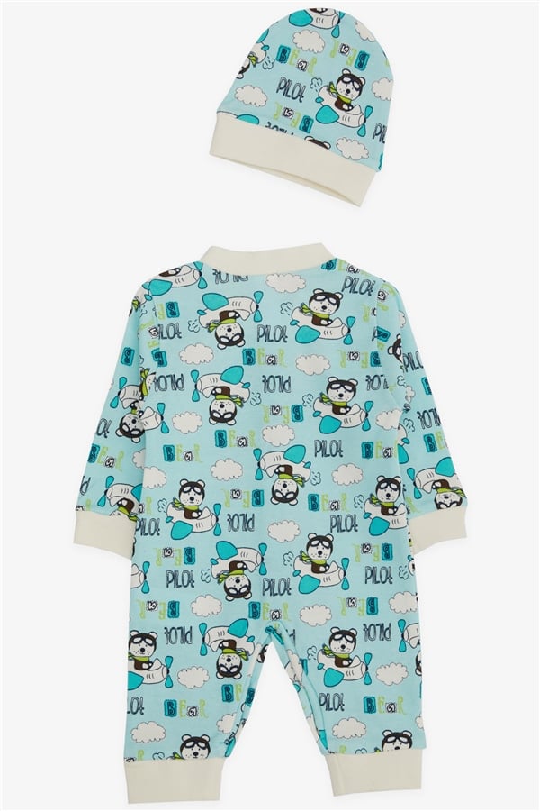 Baby Boy Romper with Pilot Teddy Bear Pattern, Light Blue (0-6 Months)