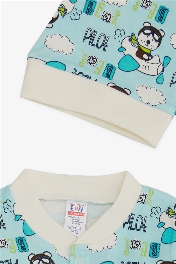 Baby Boy Romper with Pilot Teddy Bear Pattern, Light Blue (0-6 Months)