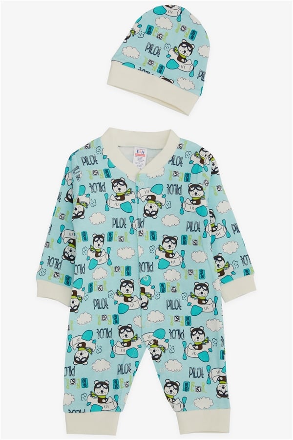 Baby Boy Romper with Pilot Teddy Bear Pattern, Light Blue (0-6 Months)