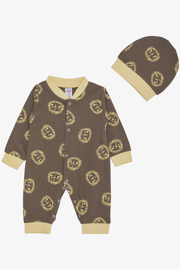 Baby Boy Romper with Cute Lion Pattern, Mink Color (0-6 Months)