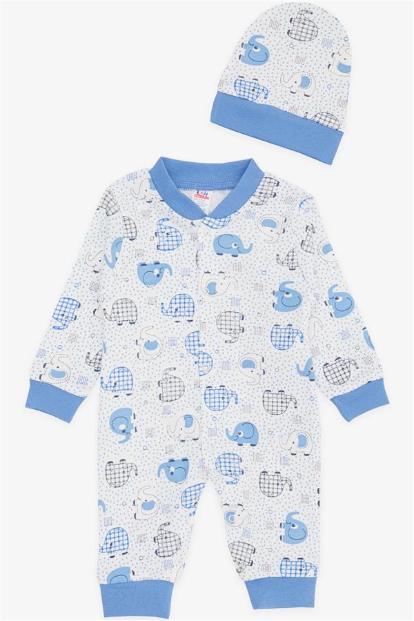 Baby Boy Romper with Cute Baby Elephant Pattern, White (0-6 Months)
