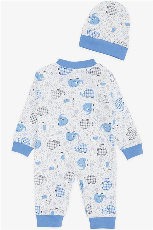 Baby Boy Romper with Cute Baby Elephant Pattern, White (0-6 Months)