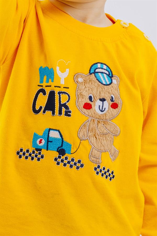 Baby Boy Long-Sleeve T-Shirt with Teddy Bear Print and Embroidered Text, Yellow (9 Months-1 Years)