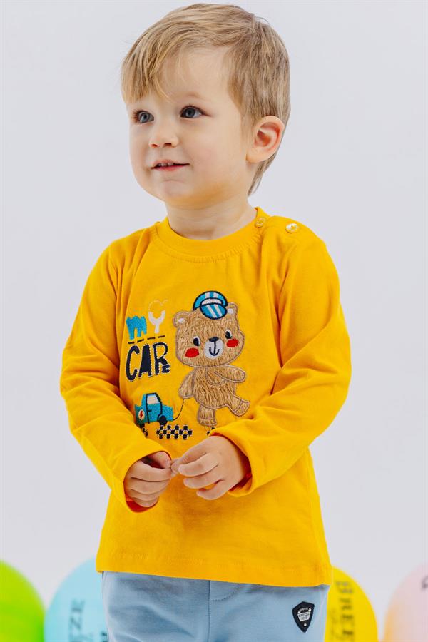 Baby Boy Long-Sleeve T-Shirt with Teddy Bear Print and Embroidered Text, Yellow (9 Months-1 Years)