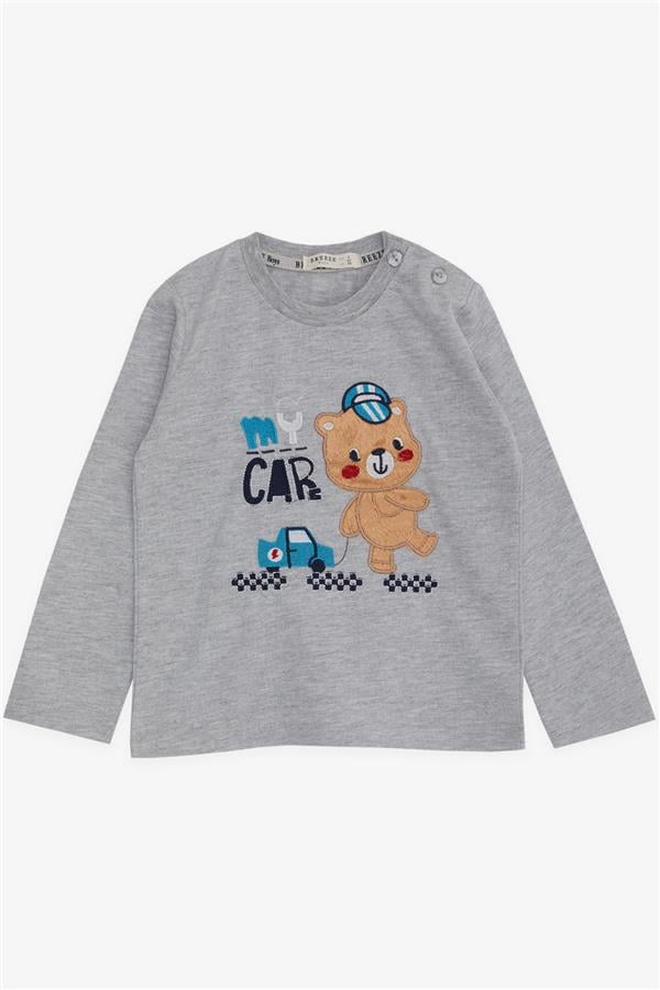 Baby Boy Long-Sleeve T-Shirt with Teddy Bear Print and Embroidered Text, Grey Melange (9 Months-3 Years)