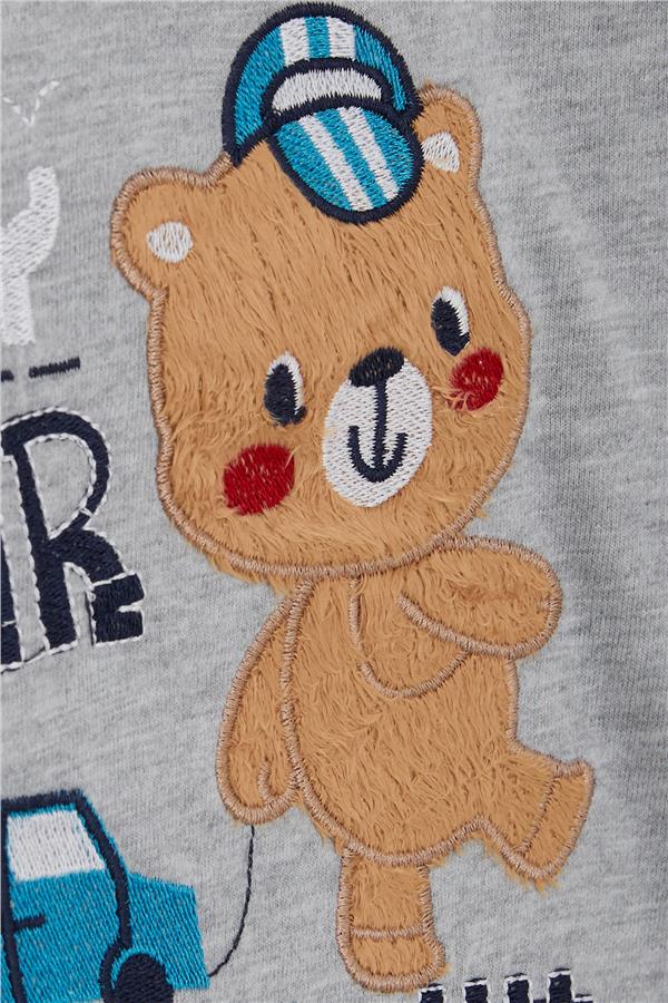 Baby Boy Long-Sleeve T-Shirt with Teddy Bear Print and Embroidered Text, Grey Melange (9 Months-3 Years)