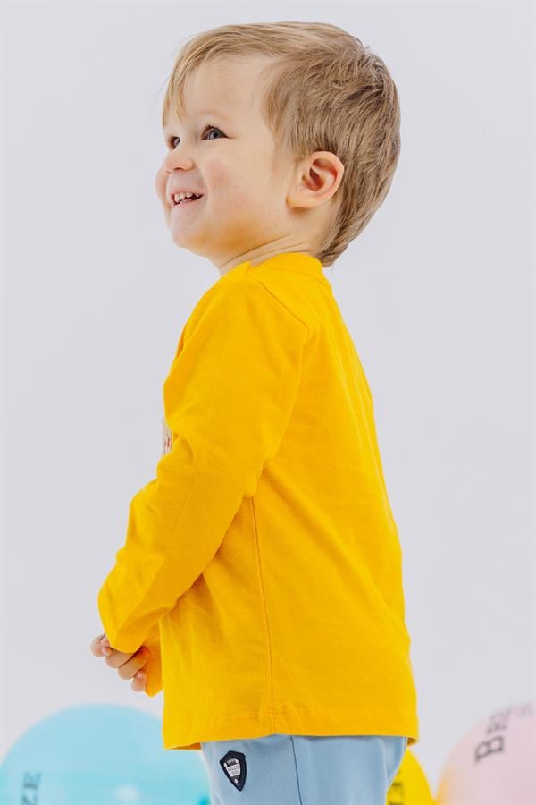 Baby Boy Long-Sleeve T-Shirt with Teddy Bear Print and Embroidered Text, Yellow (9 Months-1 Years)