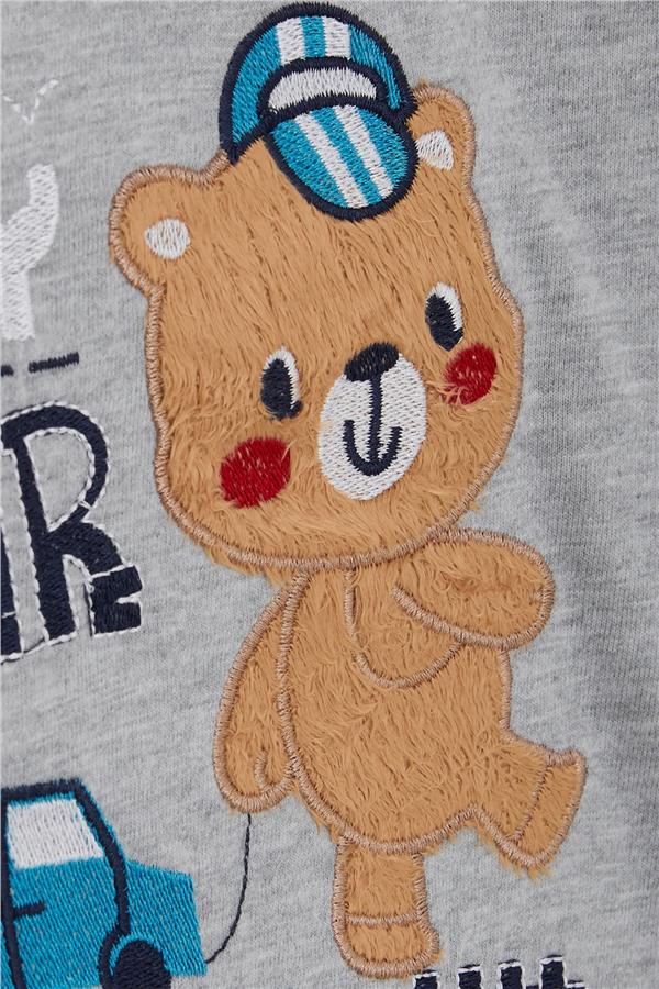 Baby Boy Long-Sleeve T-Shirt with Teddy Bear Print and Embroidered Text, Grey Melange (9 Months-3 Years)