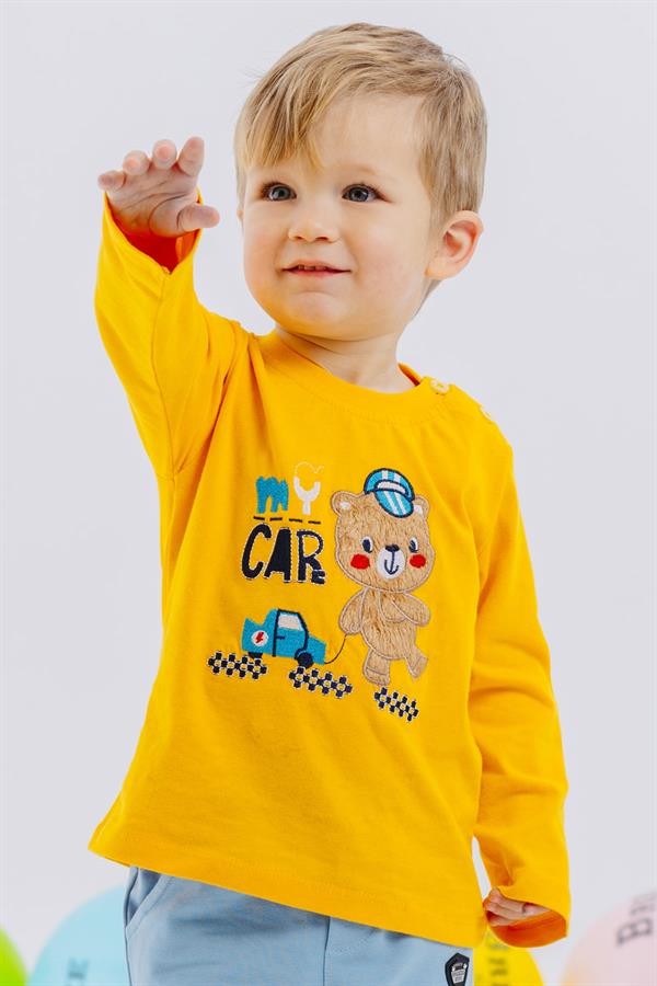 Baby Boy Long-Sleeve T-Shirt with Teddy Bear Print and Embroidered Text, Yellow (9 Months-1 Years)