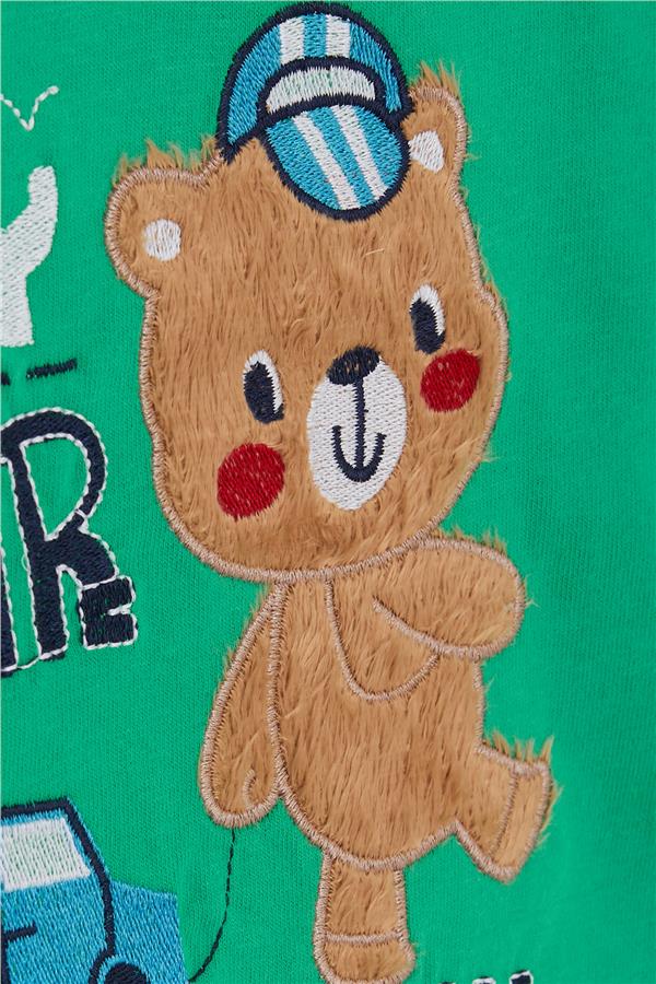 Baby Boy Long-Sleeve T-Shirt with Teddy Bear Print and Embroidered Text, Green (9 Months-3 Years)