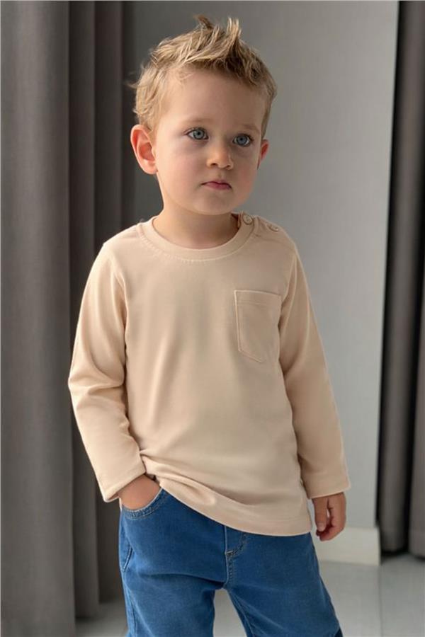 Baby Boy Long-Sleeved T-Shirt with Pockets, Beige (9 Months-3 Years)