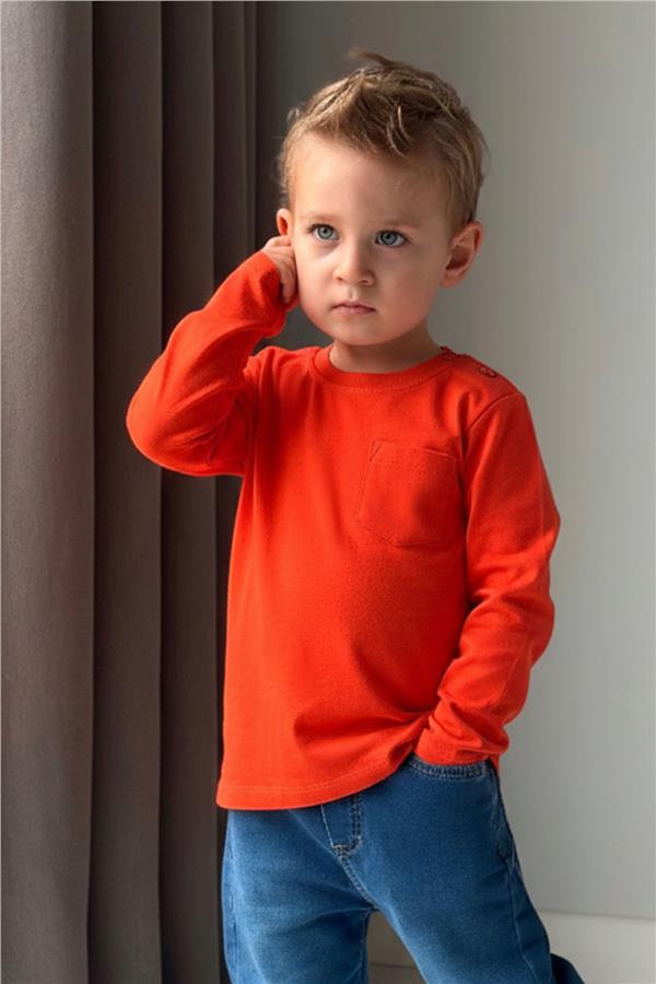 Baby Boy Long-Sleeved T-Shirt with Pockets, Orange (9 Months-2 Years)