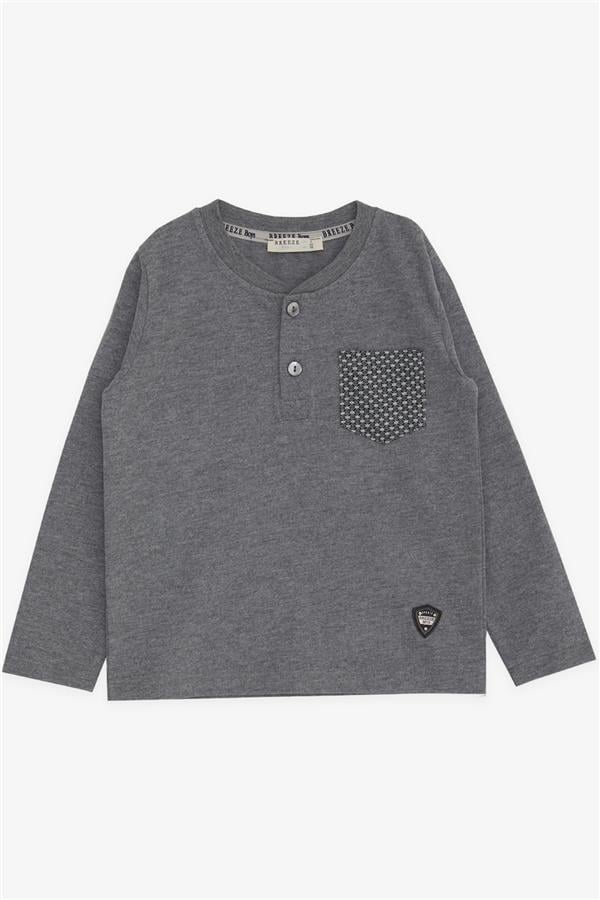Baby Boy Long-Sleeve T-Shirt with Pockets, Buttons, and Emblem, Dark Grey Melange (9 Months-3 Years)