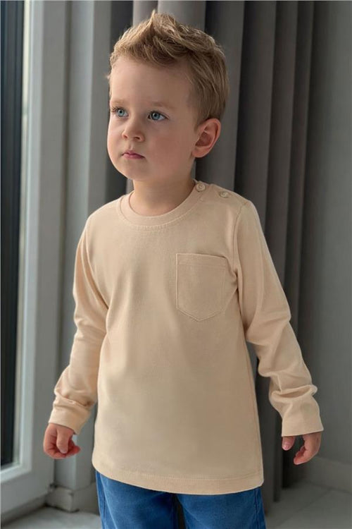 Baby Boy Long-Sleeved T-Shirt with Pockets, Beige (9 Months-3 Years)