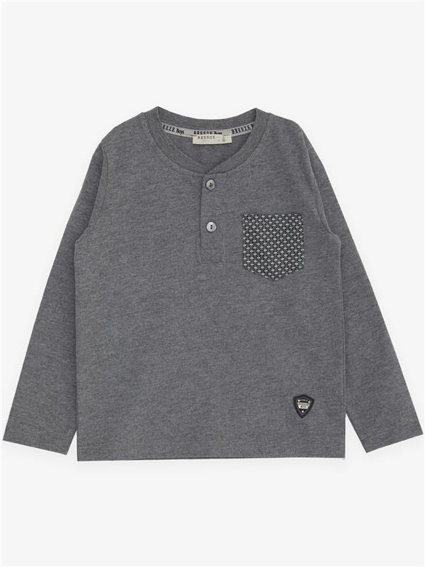 Baby Boy Long-Sleeve T-Shirt with Pockets, Buttons, and Emblem, Dark Grey Melange (9 Months-3 Years)