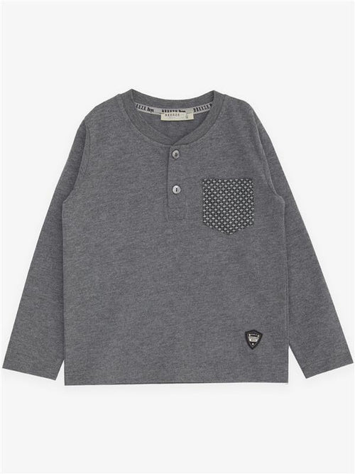 Baby Boy Long-Sleeve T-Shirt with Pockets, Buttons, and Emblem, Dark Grey Melange (9 Months-3 Years)