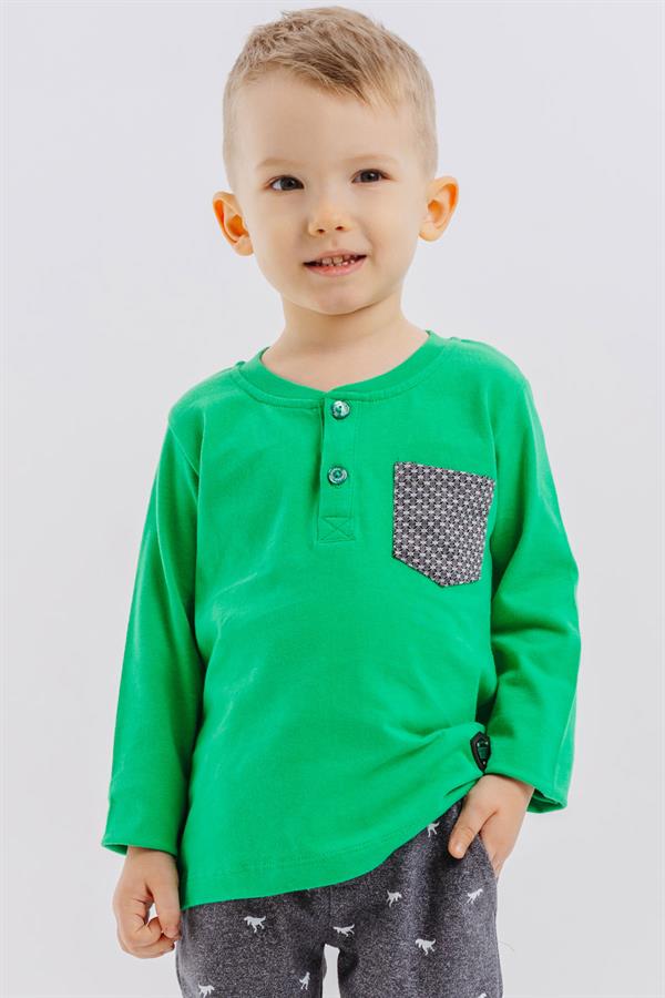 Baby Boy Long-Sleeve T-Shirt with Pockets, Buttons, and Emblem, Green (9 Months-3 Years)