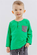 Baby Boy Long-Sleeve T-Shirt with Pockets, Buttons, and Emblem, Green (9 Months-3 Years)
