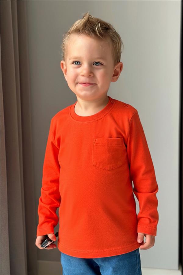 Baby Boy Long-Sleeved T-Shirt with Pockets, Orange (9 Months-2 Years)