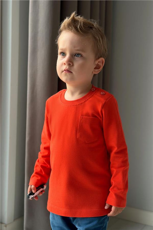 Baby Boy Long-Sleeved T-Shirt with Pockets, Orange (9 Months-2 Years)
