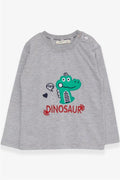 Baby Boy Long-Sleeve T-Shirt with Dinosaur Embroidery, Grey Melange (9 Months-3 Years)