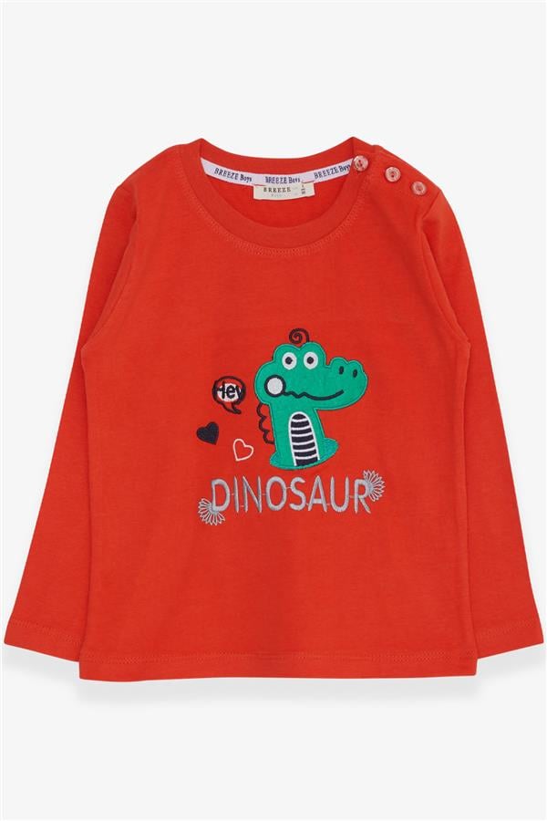 Baby Boy Long-Sleeve T-Shirt with Dinosaur Embroidery, Orange (9 Months-1.5 Years)