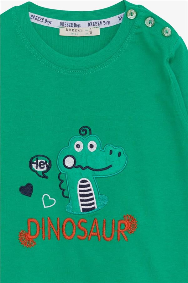Baby Boy Long-Sleeve T-Shirt with Dinosaur Embroidery, Green (9 Months-3 Years)