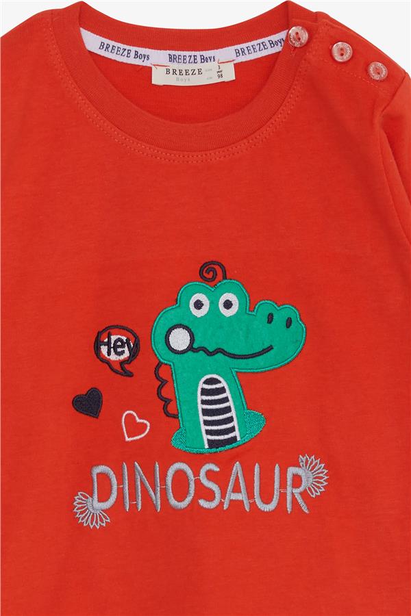Baby Boy Long-Sleeve T-Shirt with Dinosaur Embroidery, Orange (9 Months-1.5 Years)