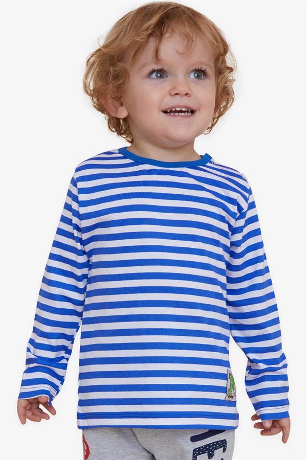 Baby Boy Long-Sleeve T-Shirt with Striped Button Closure and Dinosaur Print, Dark Blue (9 Months-1 Years)