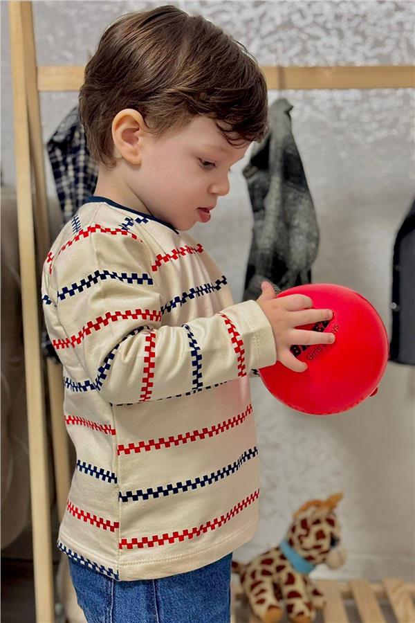 Baby Boy Long-Sleeve T-Shirt with Minimalist Marine Stripes, Cream (9 Months-3 Years)