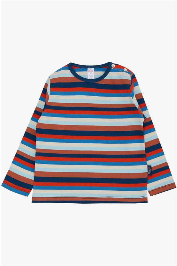 Baby Boy Long-Sleeve T-Shirt with Button Closure, Striped, Colorful, Mixed Colors (9 Months-1.5 Years)