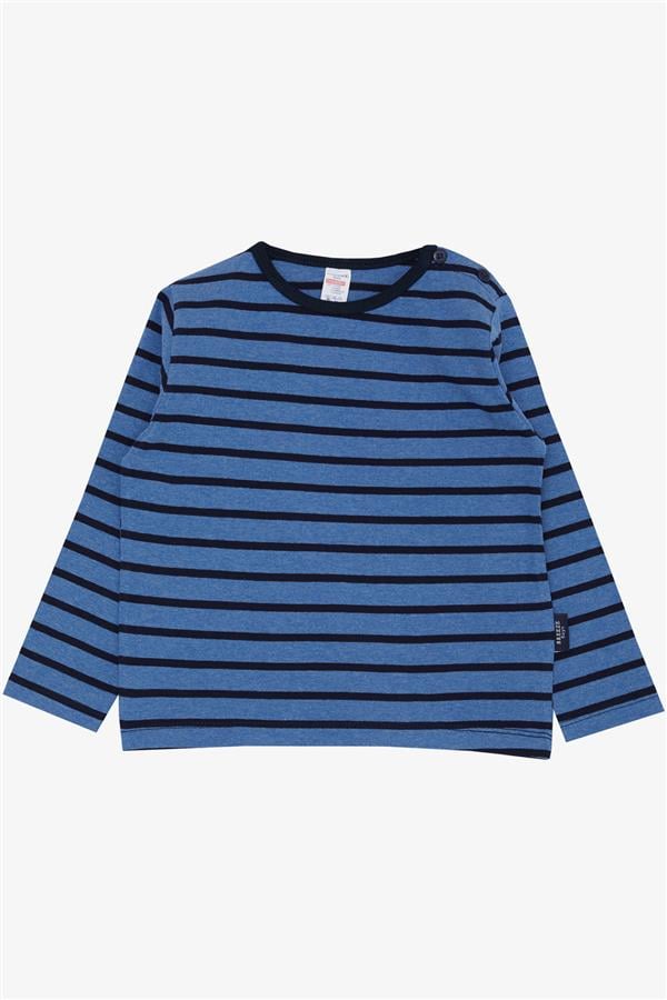 Baby Boy Long-Sleeved T-Shirt with Button Closure, Striped, Blue (9 Months-1.5 Years)
