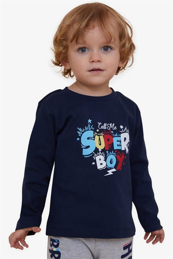 Baby Boy Long-Sleeve T-Shirt with Text Print, Navy Blue (1-1.5 Years)