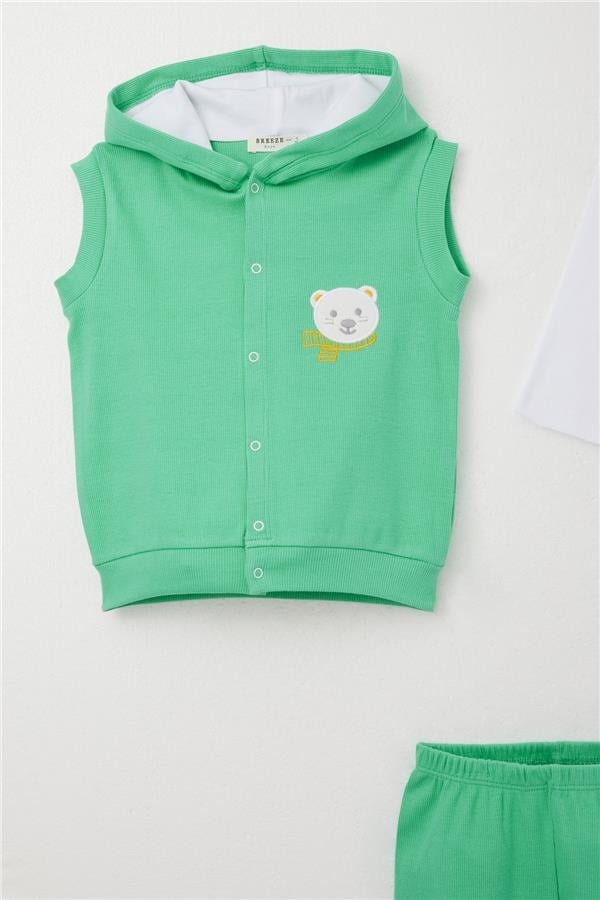 Baby Boy Onesie Set of 3 with Cute Teddy Bear Embroidery, Hooded, Green (4 Months-1 Year)
