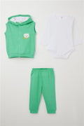 Baby Boy Onesie Set of 3 with Cute Teddy Bear Embroidery, Hooded, Green (4 Months-1 Year)