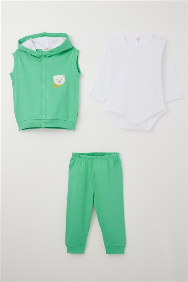 Baby Boy Onesie Set of 3 with Cute Teddy Bear Embroidery, Hooded, Green (4 Months-1 Year)