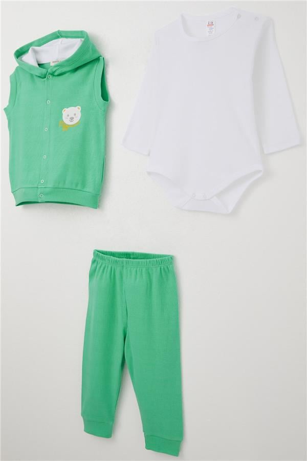 Baby Boy Onesie Set of 3 with Cute Teddy Bear Embroidery, Hooded, Green (4 Months-1 Year)