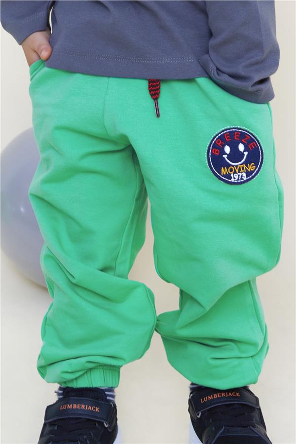 Baby Boy Bottoms with Smiling Face Embroidered Patch and Lace Accessory, Green (1-1.5 Years)