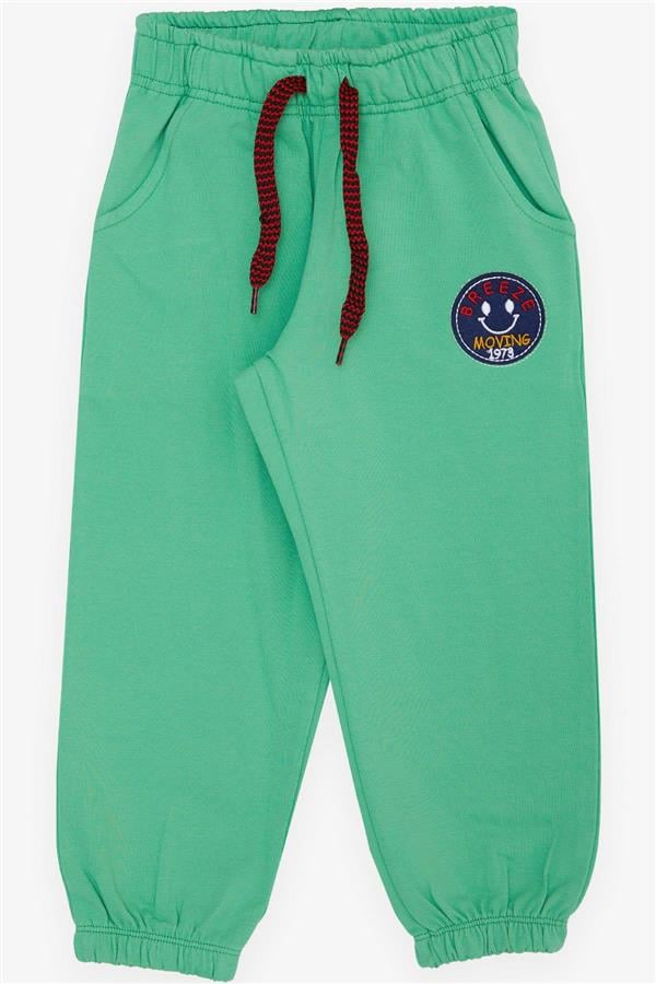 Baby Boy Bottoms with Smiling Face Embroidered Patch and Lace Accessory, Green (1-1.5 Years)