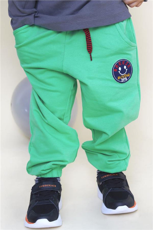 Baby Boy Bottoms with Smiling Face Embroidered Patch and Lace Accessory, Green (1-1.5 Years)
