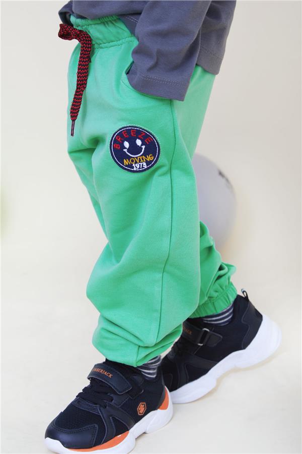 Baby Boy Bottoms with Smiling Face Embroidered Patch and Lace Accessory, Green (1-1.5 Years)