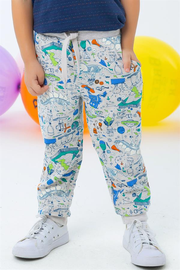 Boys' Sweatpants Science Theme Beige Melange (1.5 Years)