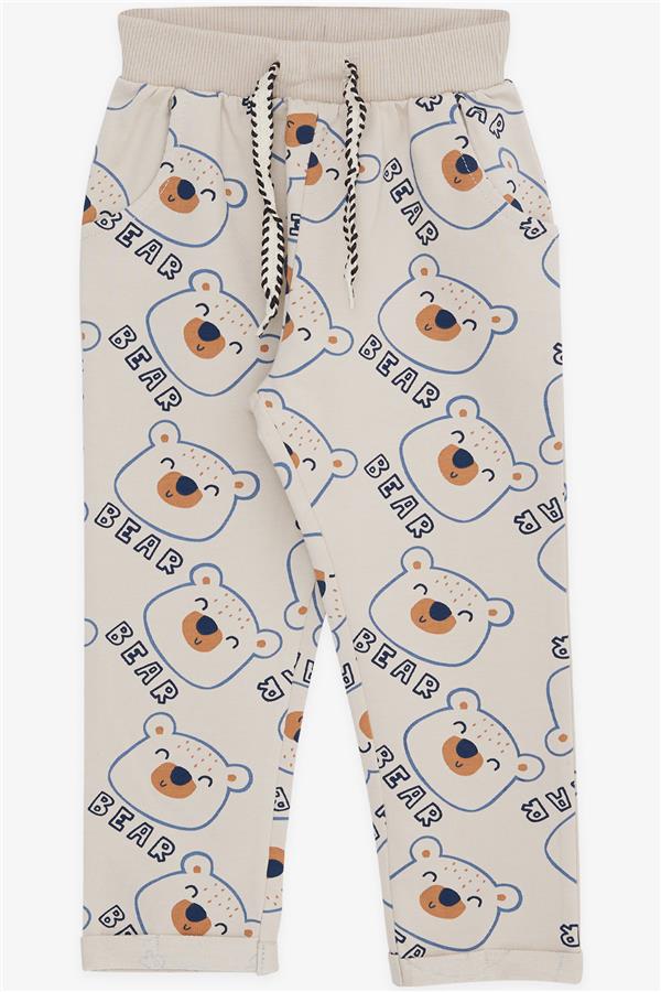 Boys' Sweatpants with Cute Teddy Bear Print, Beige (1-2 Years)