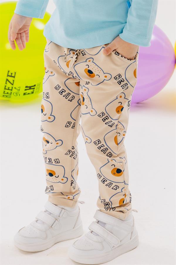 Boys' Sweatpants with Cute Teddy Bear Print, Beige (1-2 Years)