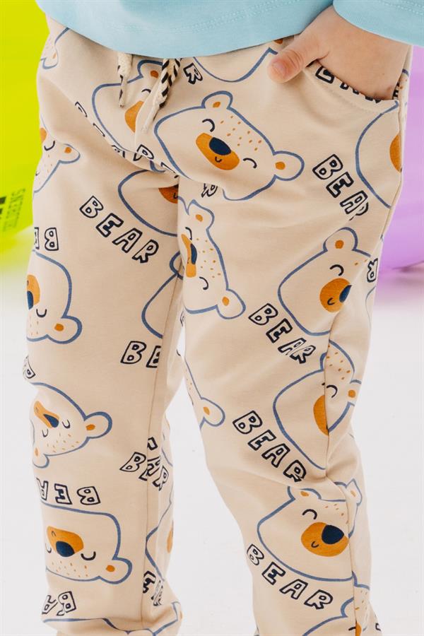 Boys' Sweatpants with Cute Teddy Bear Print, Beige (1-2 Years)
