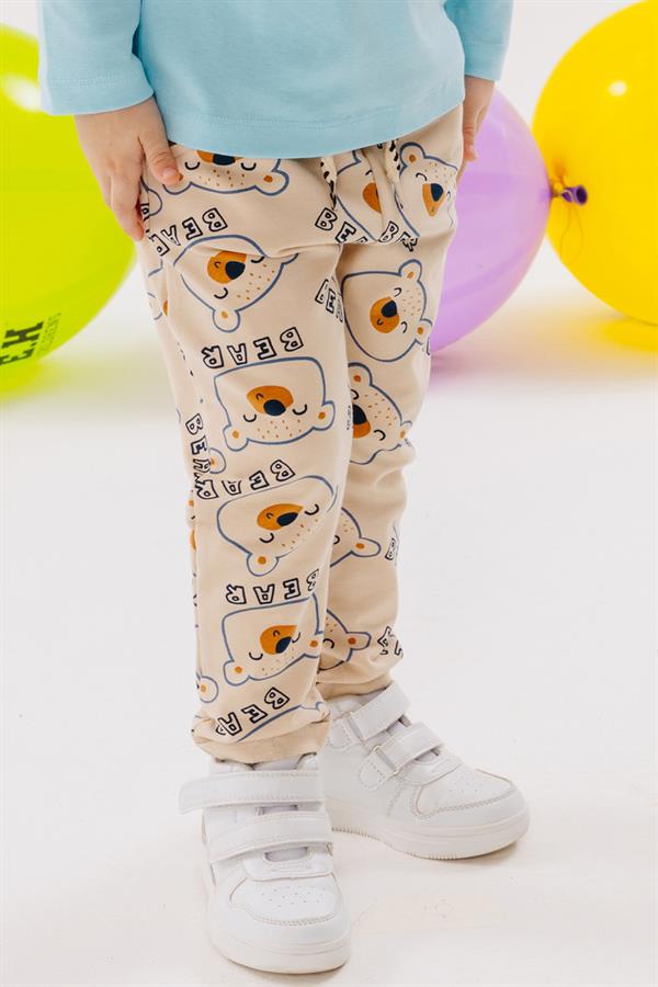 Boys' Sweatpants with Cute Teddy Bear Print, Beige (1-2 Years)
