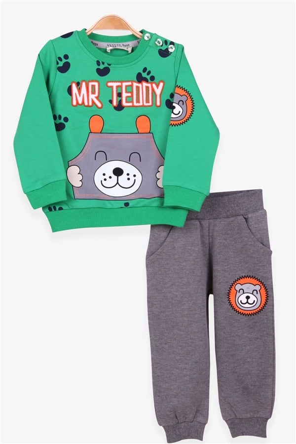 Boys' Tracksuit Set with Bear Print, Green (1-1.5 Years)