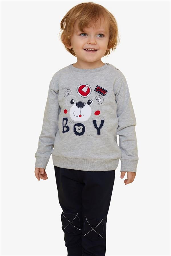Baby Boy Tracksuit Set with Teddy Bear Design, Grey Melange (1-1.5 Years)